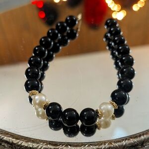 14K Gold Black Onyx Freshwater Pearl Bead Bracelet 7in Vintage